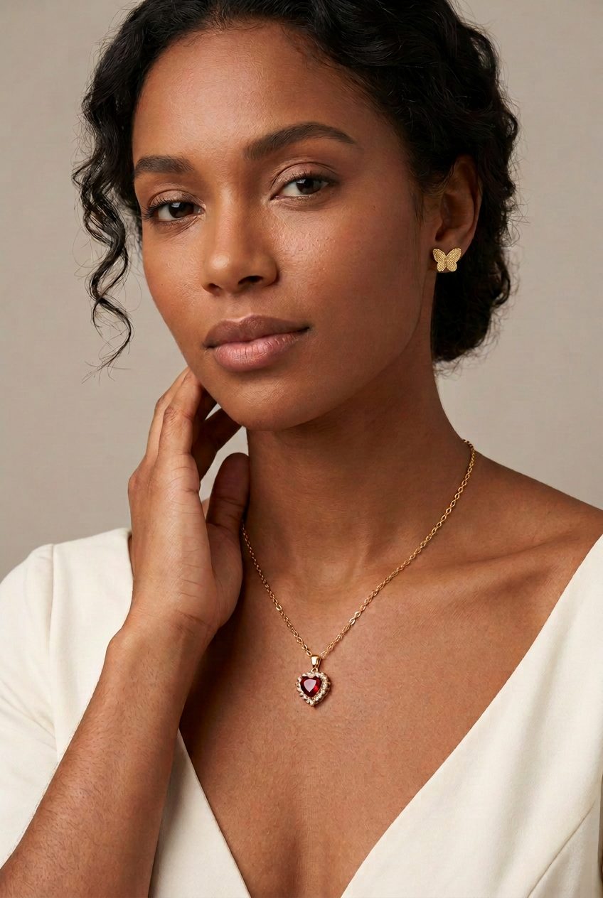 Tall Scarlet Heart Halo Necklace model portrait