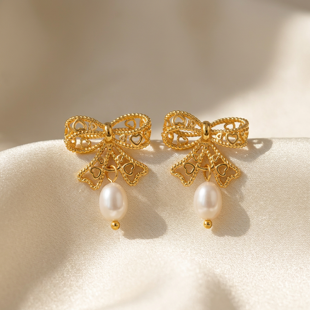 Golden Heart Bow Pearl Drop Earrings