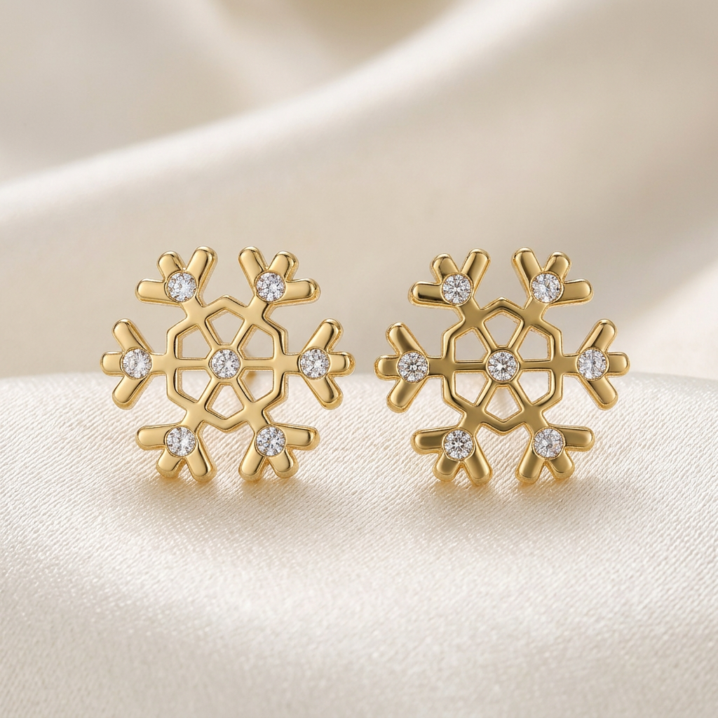 Pair of gold-tone snowflake stud earrings with clear stones on ivory satin