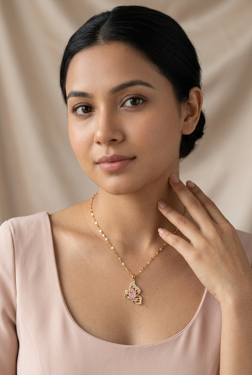 Adult woman in a blush open-neckline dress wearing the pink butterfly necklace