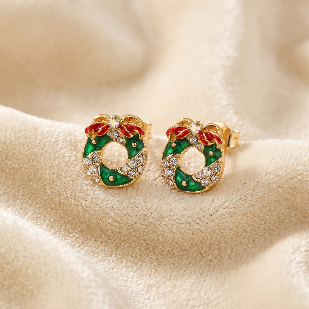 Christmas wreath stud earrings on ivory champagne velvet
