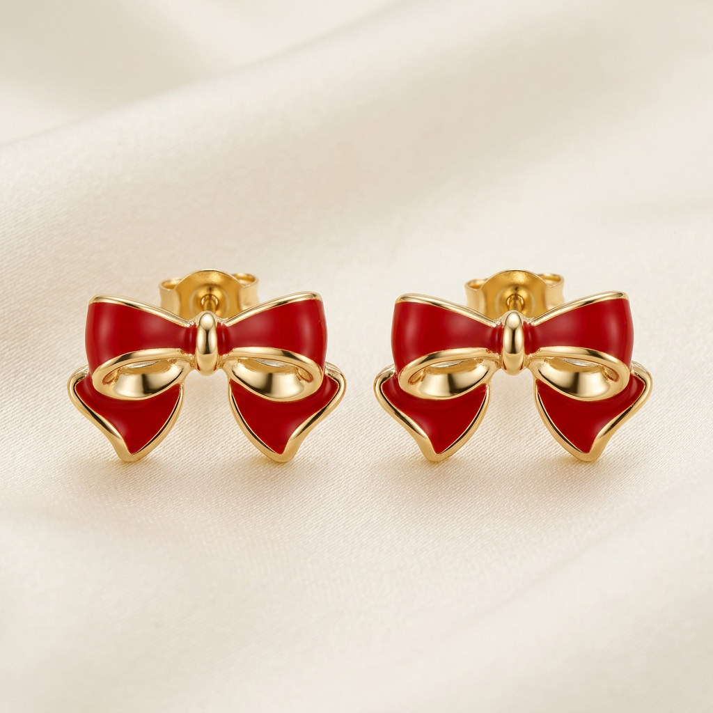 Pair of red enamel ribbon bow stud earrings with gold-tone outlines and curled details on ivory satin