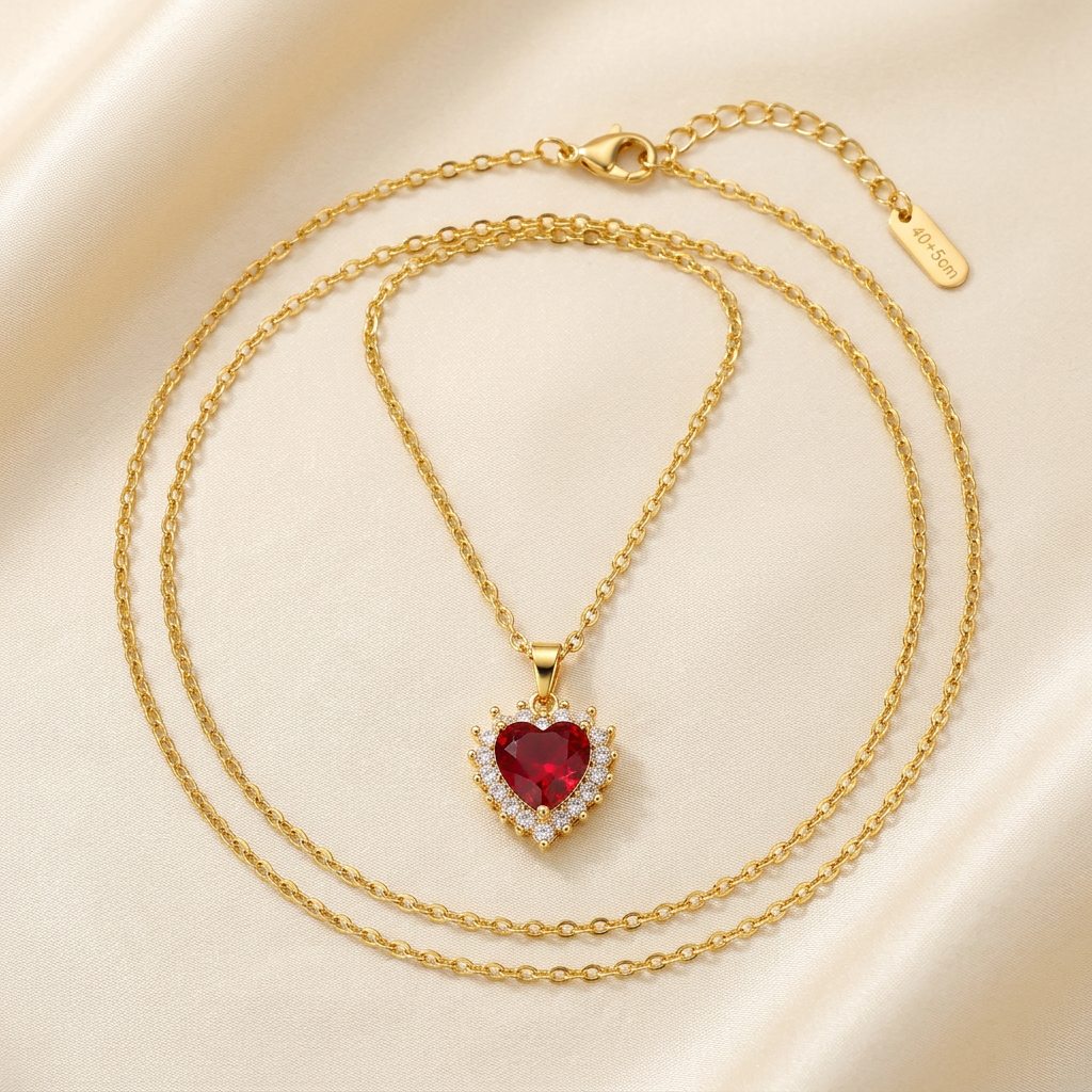 Red heart halo necklace on ivory satin, proportions guided by 18 mm by 15 mm pendant measurements