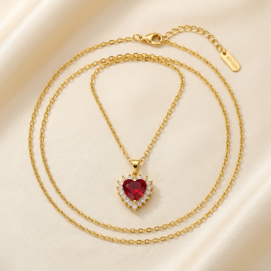 Red heart halo necklace on ivory satin, proportions guided by 18 mm by 15 mm pendant measurements