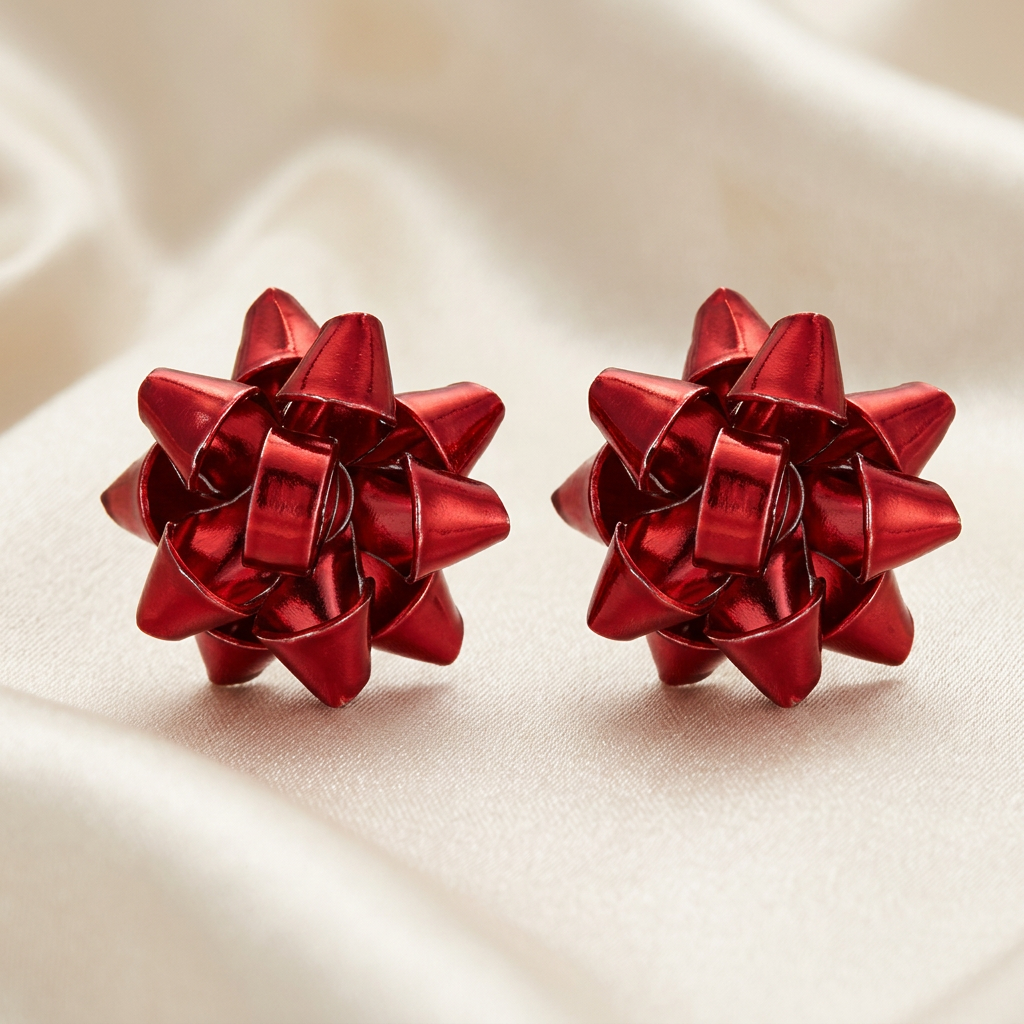 Pair of glossy red dimensional gift bow stud earrings on ivory satin