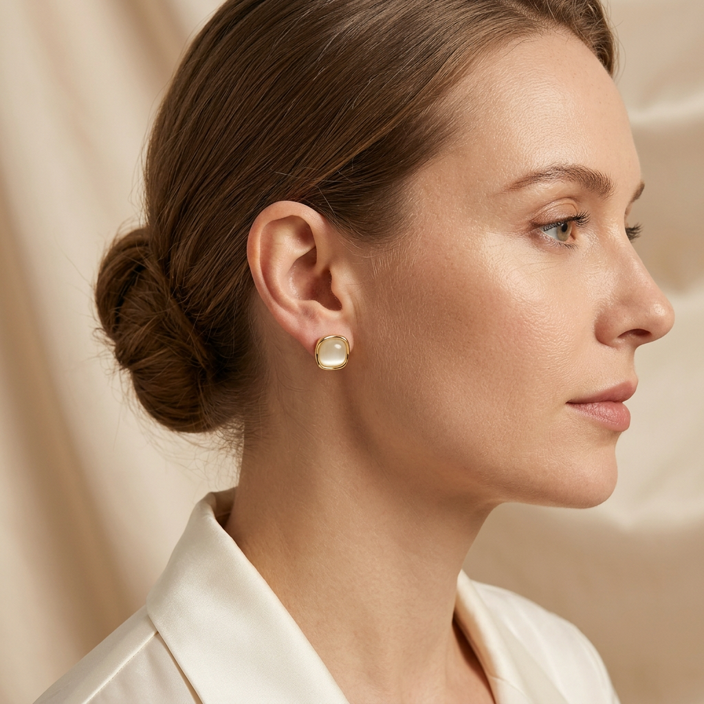 Model wearing Golden Cushion Glow Studs in side profile