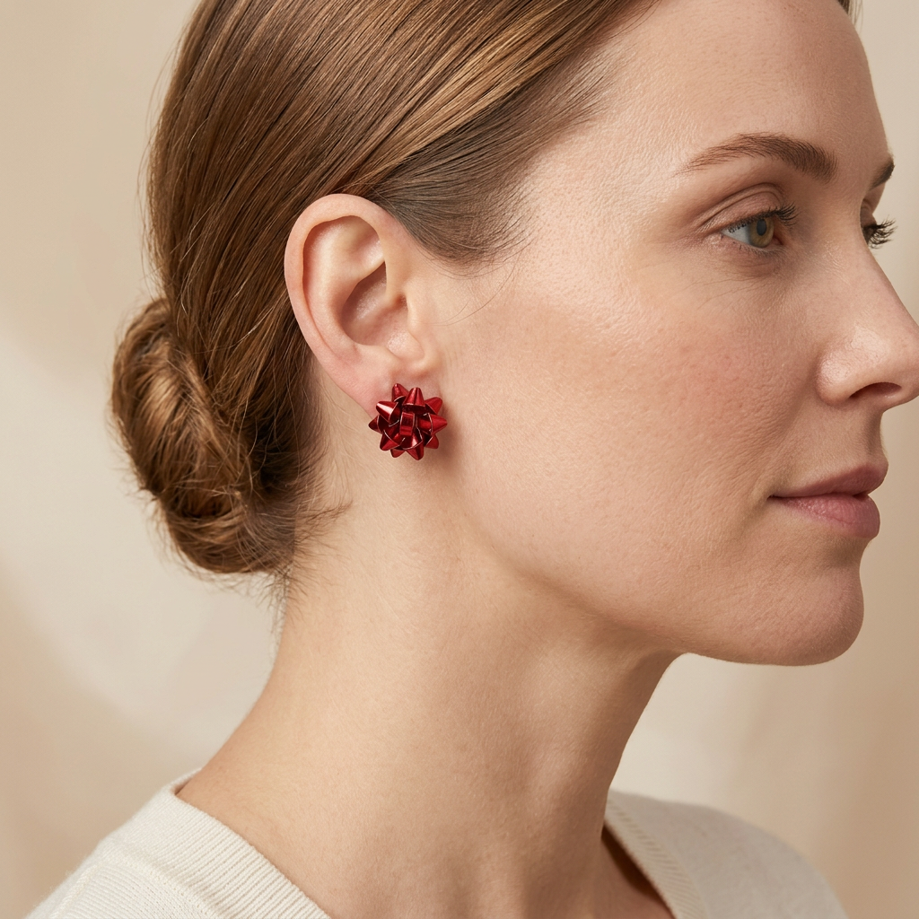 Model wearing Ruby Gift Bow Studs
