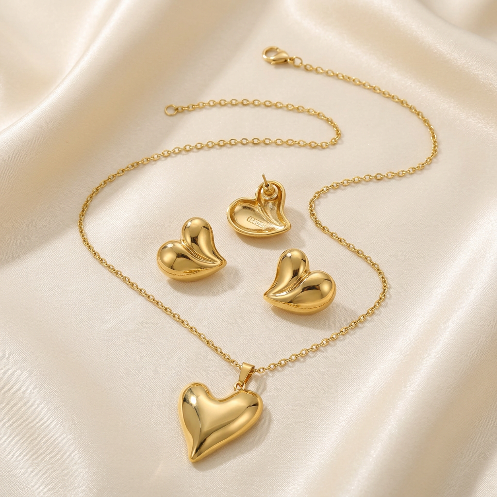 Gold-tone heart necklace and matching earrings on ivory satin, scaled using supplier measurements