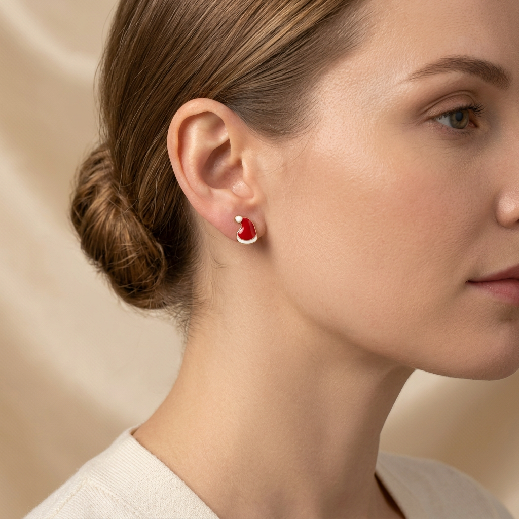 Model wearing small Classic Santa Hat Studs