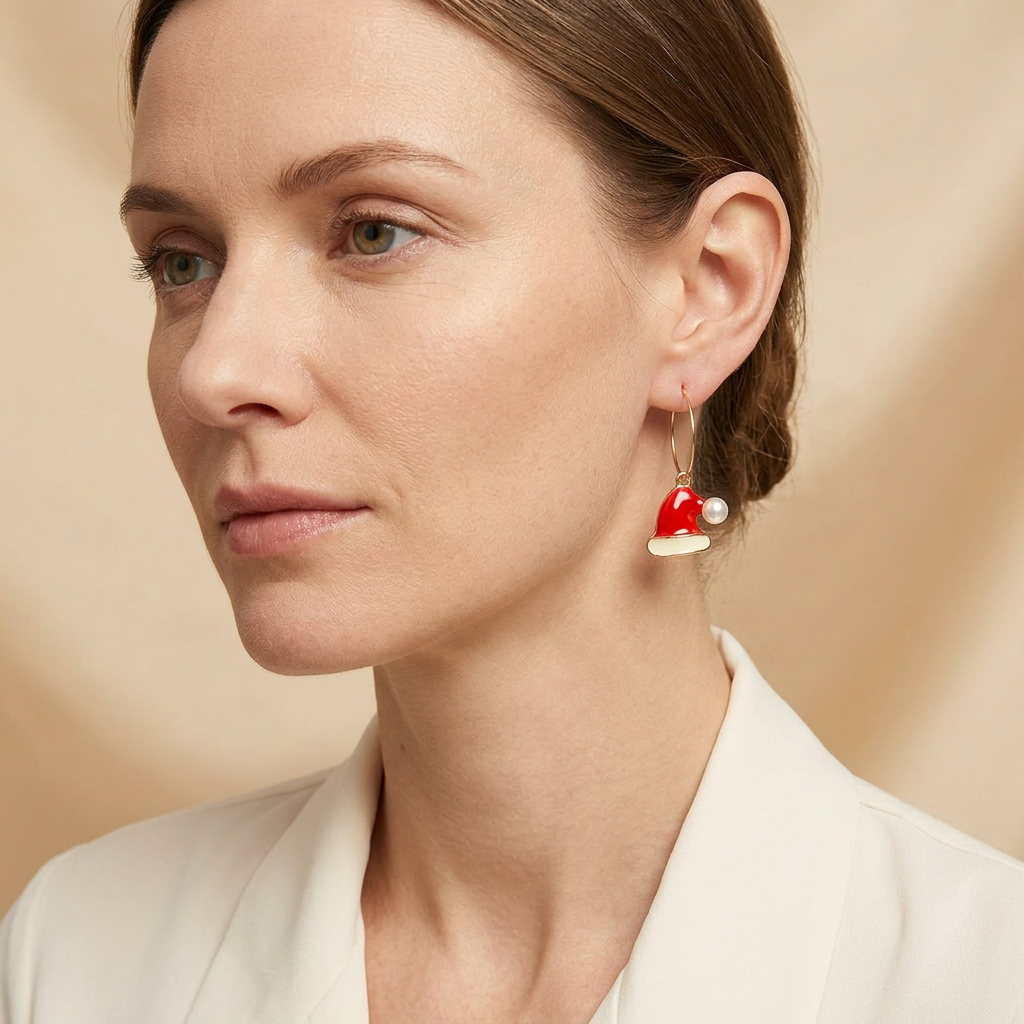 Model wearing Santa hat charm hoop earrings