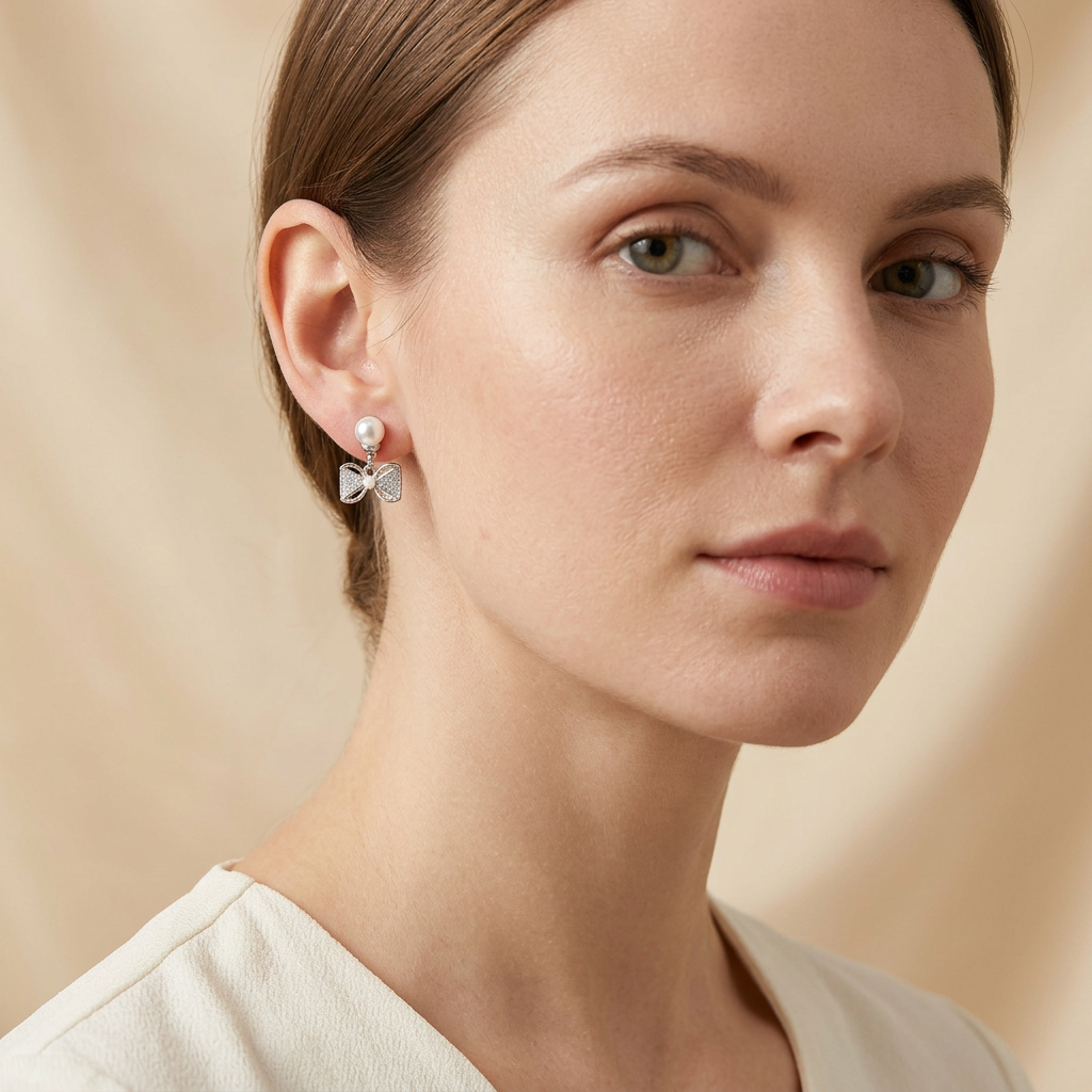 Model wearing pearl-look bow earrings