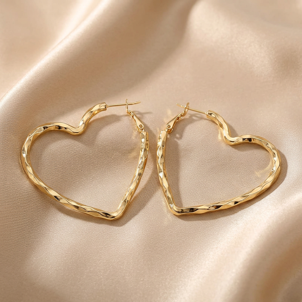 Gold-tone irregular heart hoop earrings on champagne satin