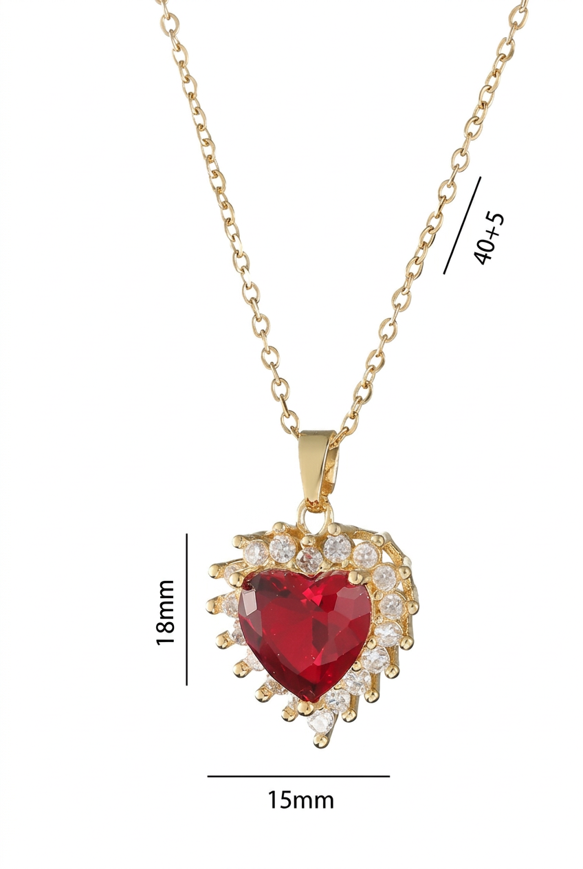 Scarlet heart halo necklace with pendant measurements 18 mm high and 15 mm wide and chain label 40+5
