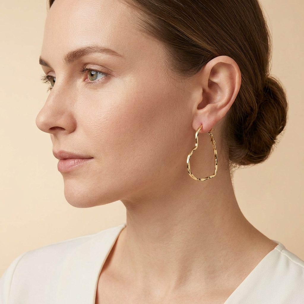 Model wearing gold-tone irregular heart hoop earrings