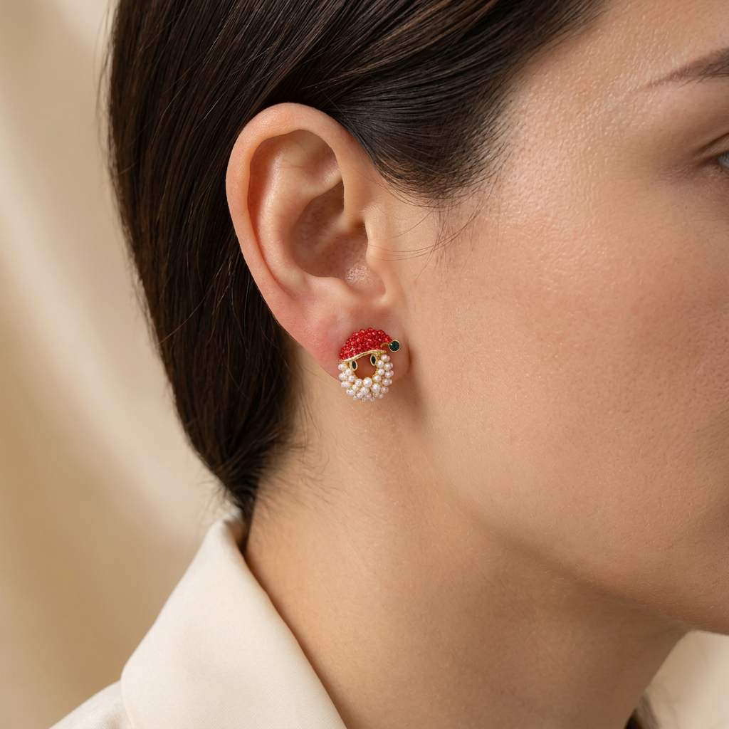 Model wearing petite Santa Pearl Sparkle Studs positioned on the earlobe