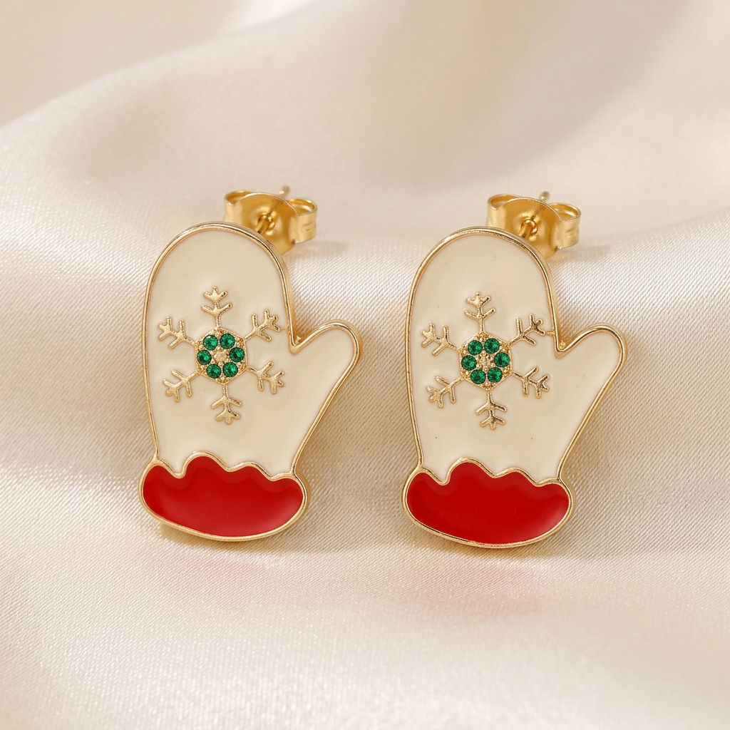 Cream Christmas mitten stud earrings with red cuffs and green snowflake accents