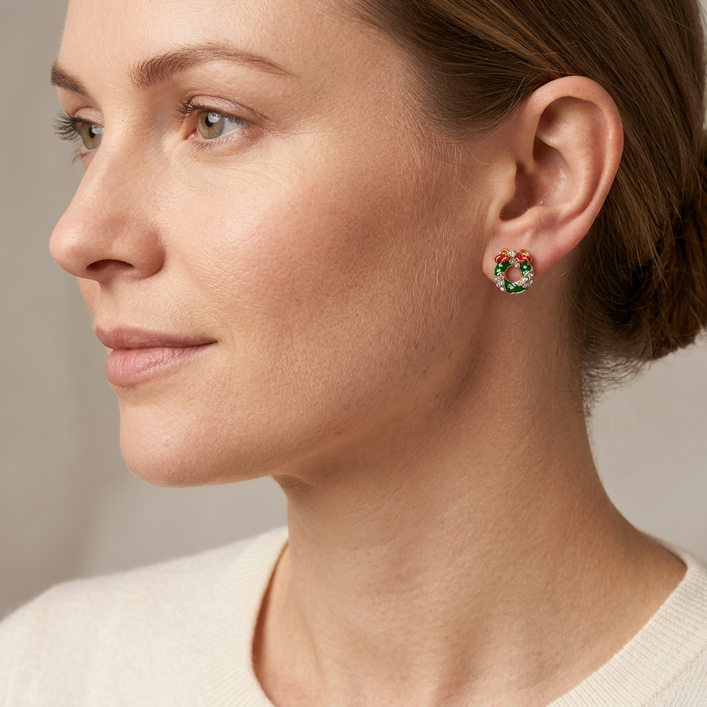 Model wearing petite Christmas wreath stud earrings