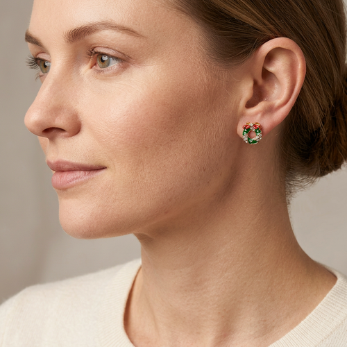 Model wearing petite Christmas wreath stud earrings