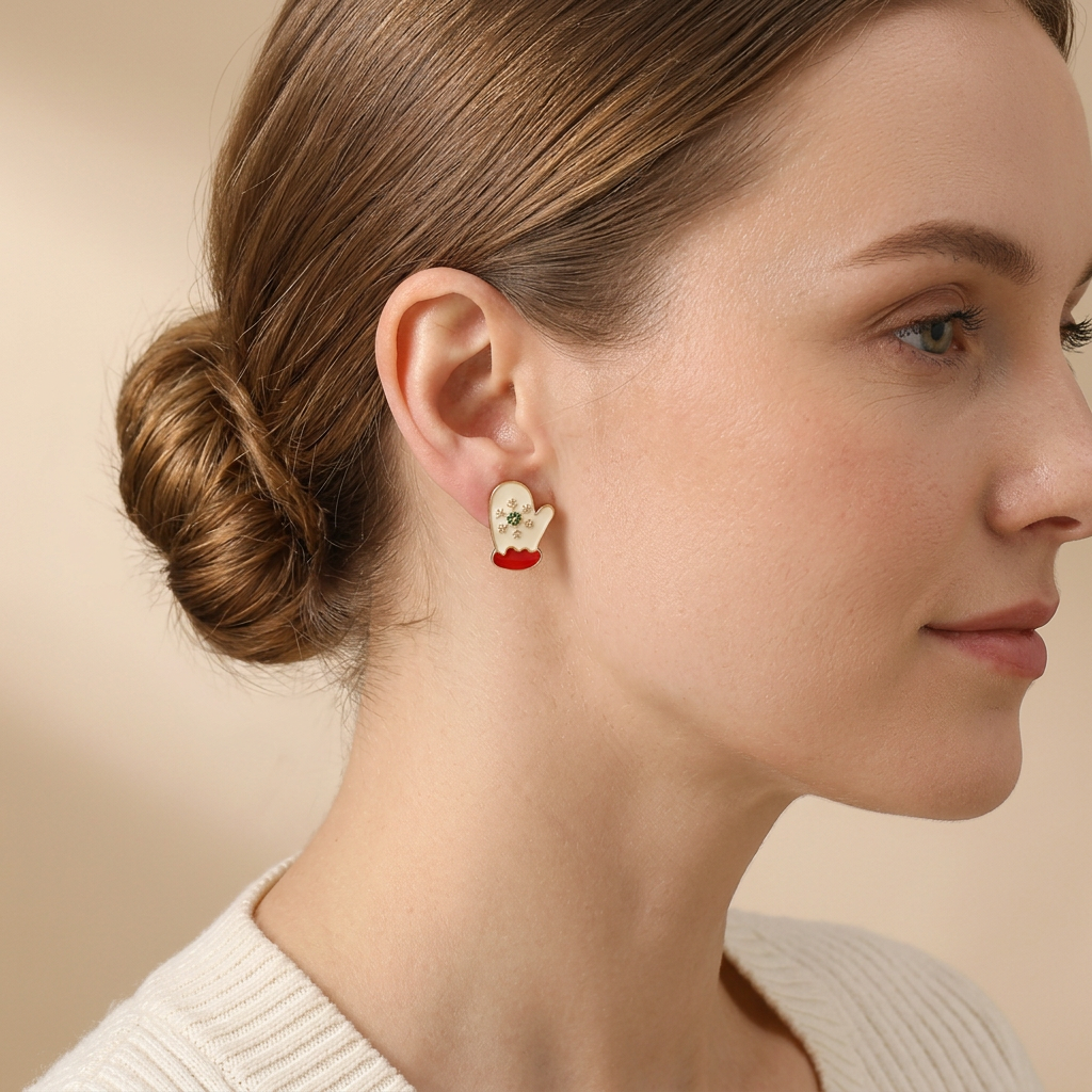 Model wearing Christmas Mitten Sparkle Studs in side profile