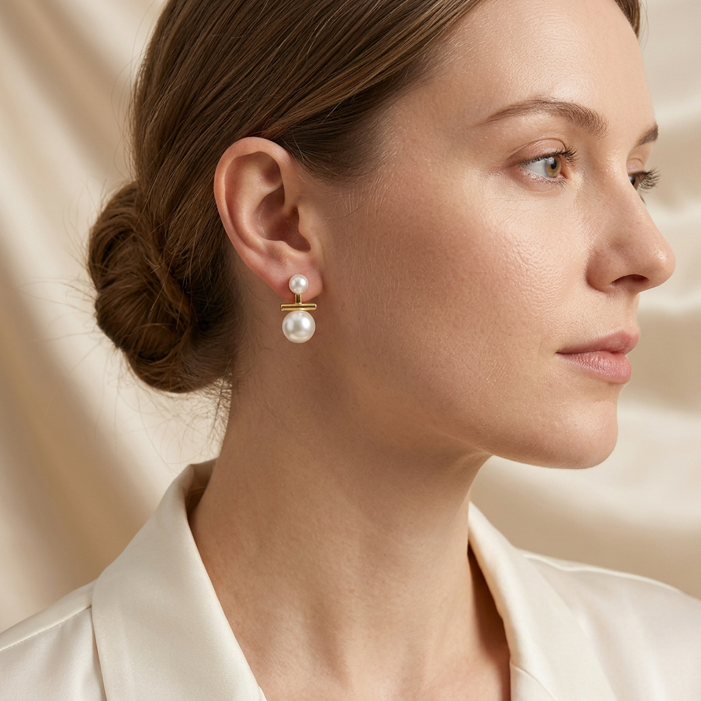 Fair-skinned adult model wearing Double Pearl Ear Jacket Earrings in side profile