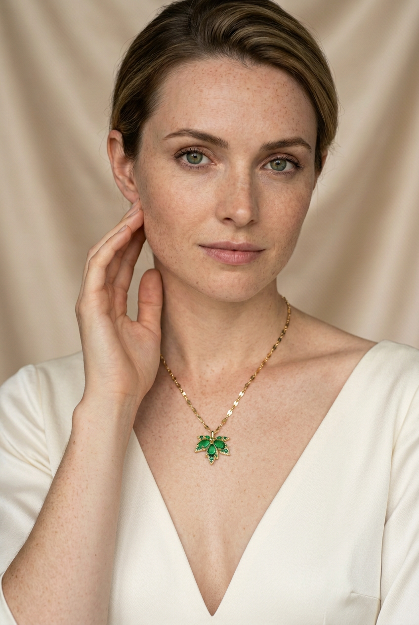 Adult model in an ivory open V-neck dress highlighting the green leaf cluster necklace