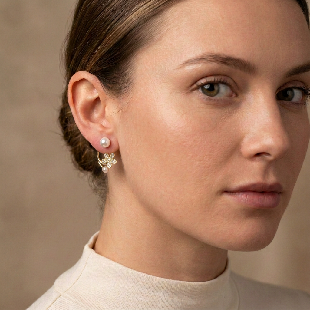 Model wearing pearl flower rhinestone ear-jacket earrings with a close-fitting shorter drop
