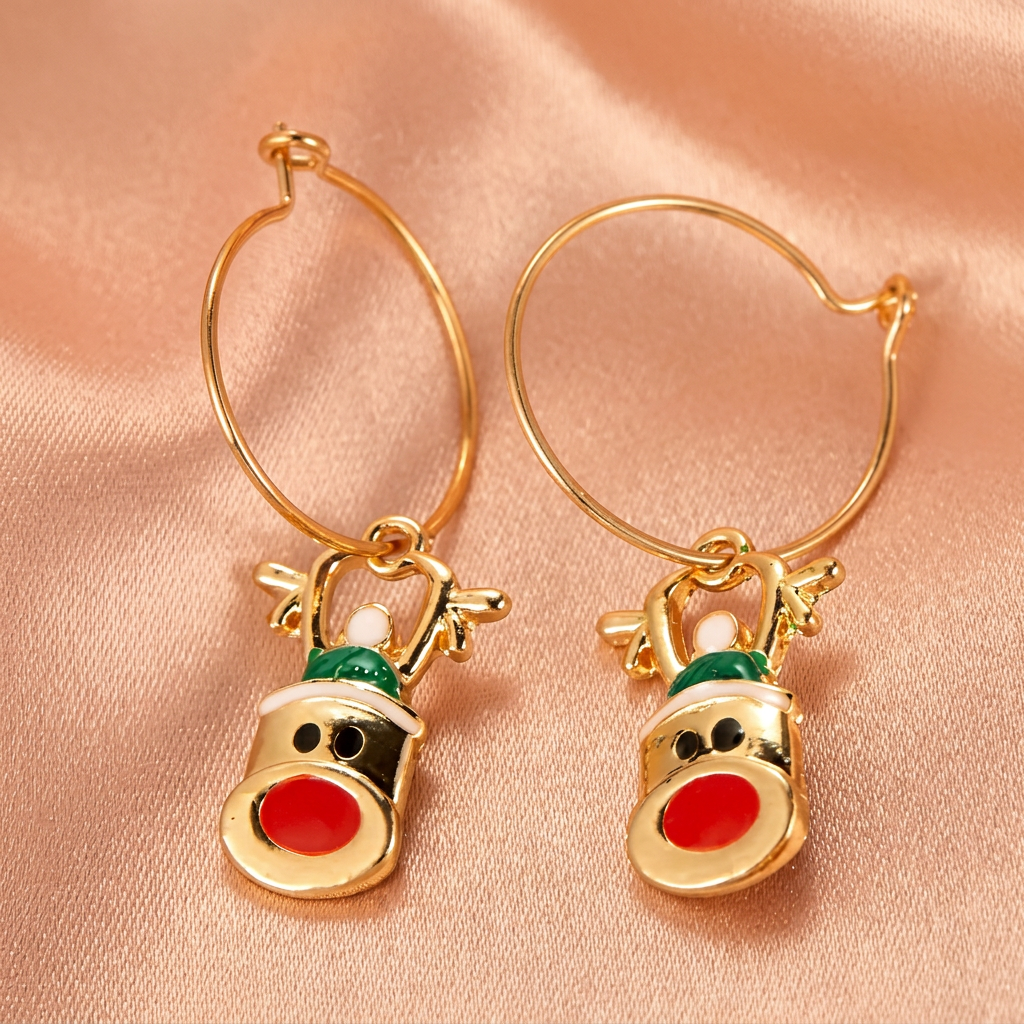 Reindeer enamel hoop earrings on champagne satin