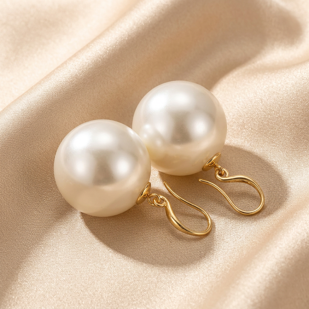 Round ivory-white pearl-look earrings with gold-tone fittings on satin