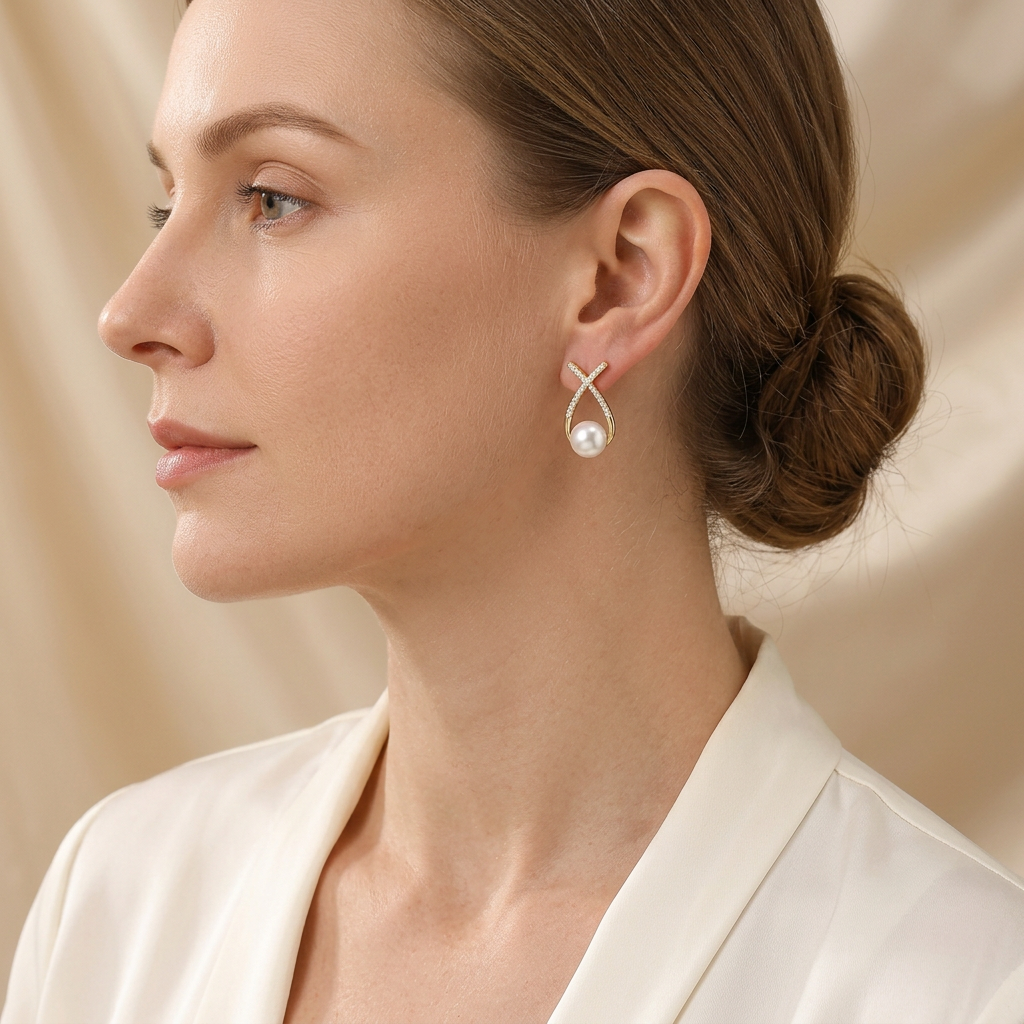 Model wearing Pearl Embrace Drop Earrings in side profile