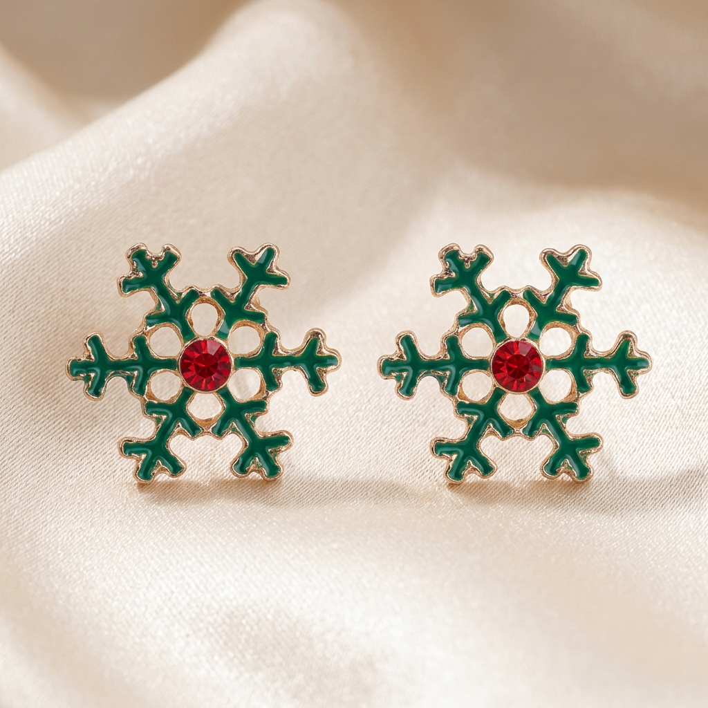 Pair of green enamel snowflake studs with red centre stones on ivory satin