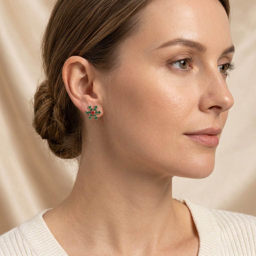 Model wearing Evergreen Snowflake Sparkle Studs