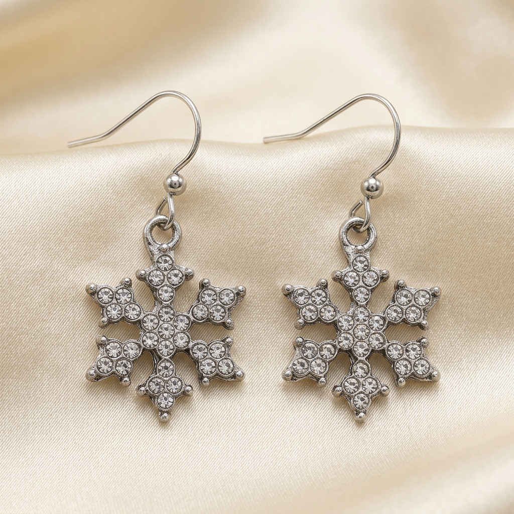 Pair of silver-tone snowflake drop earrings with clear stones and hook ear wires on ivory satin