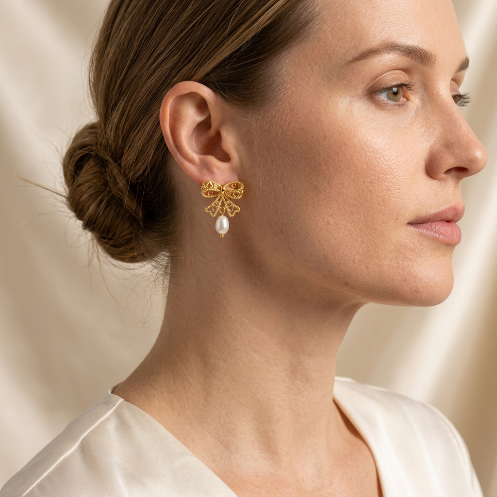 Model wearing Golden Heart Bow Pearl Drop Earrings in side profile