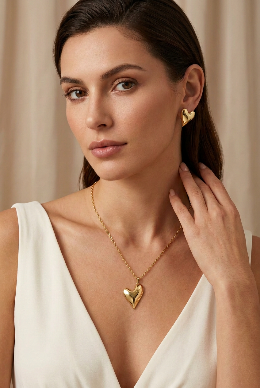 Model in ivory V-neck dress showcasing the heart necklace and matching earrings scaled using supplier measurements