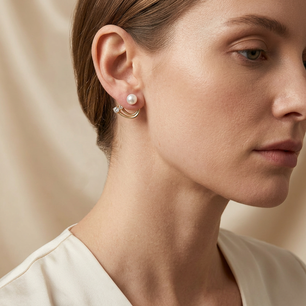Model wearing pearl-look studs with curved gold-tone ear jackets