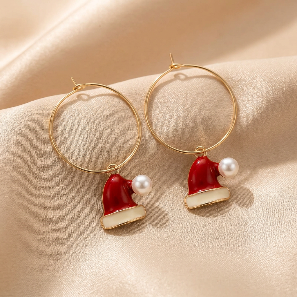 Santa hat charm hoop earrings on champagne satin
