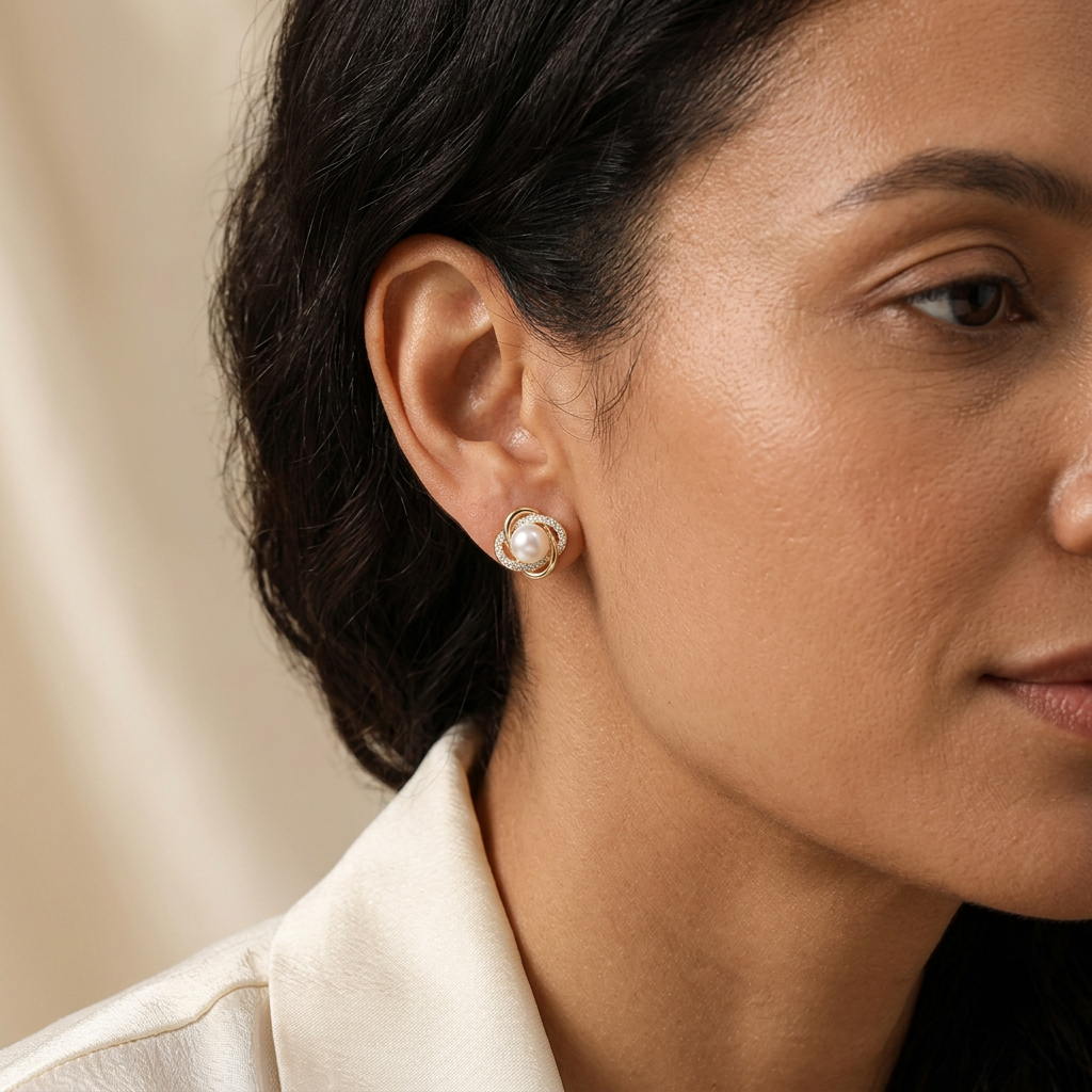 Model wearing Entwined Pearl Knot Studs