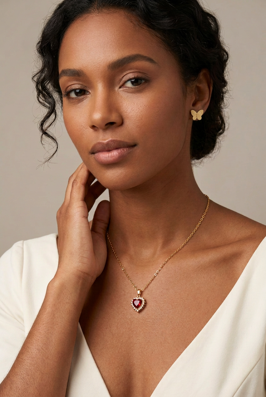 Model wearing Scarlet Heart Halo Necklace styled with Gold Butterfly Style earrings, earrings sold separately