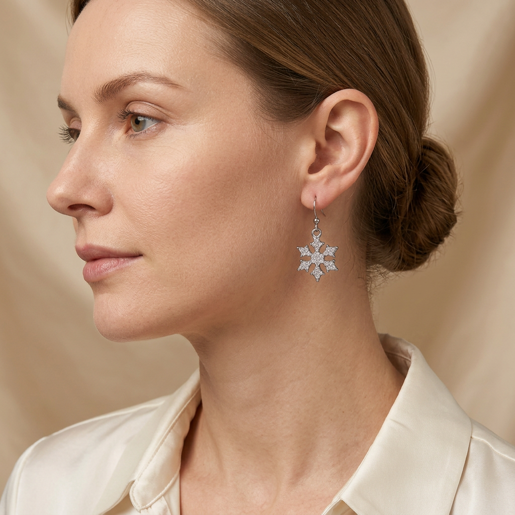Model wearing Winter Snowflake Sparkle Drops