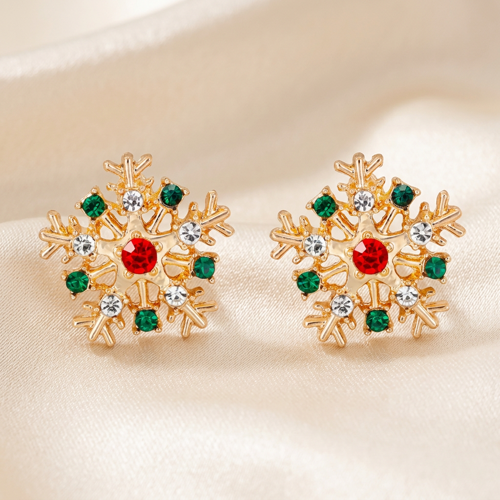Pair of gold-tone snowflake studs with red centre stones and green and clear accents on ivory satin