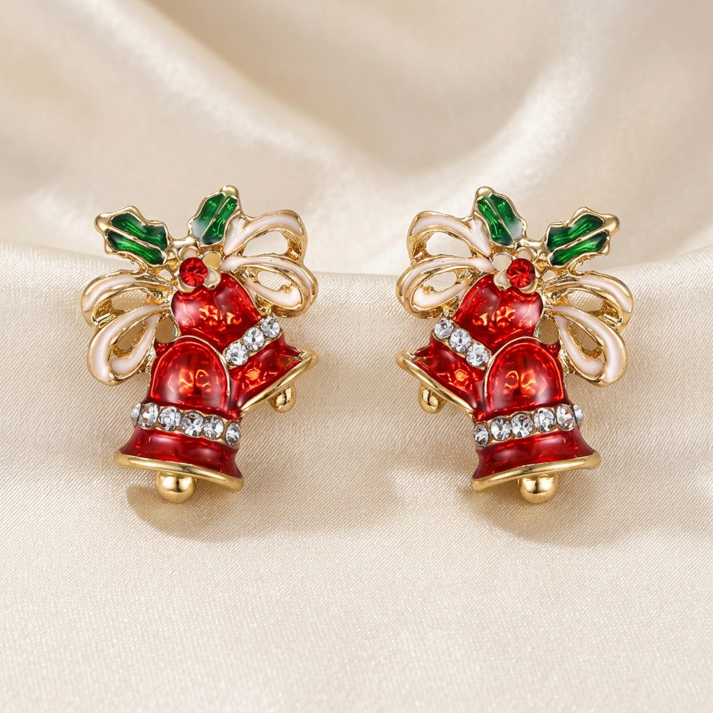 Pair of red double-bell studs with clear rhinestones, cream bows, and green holly on ivory satin