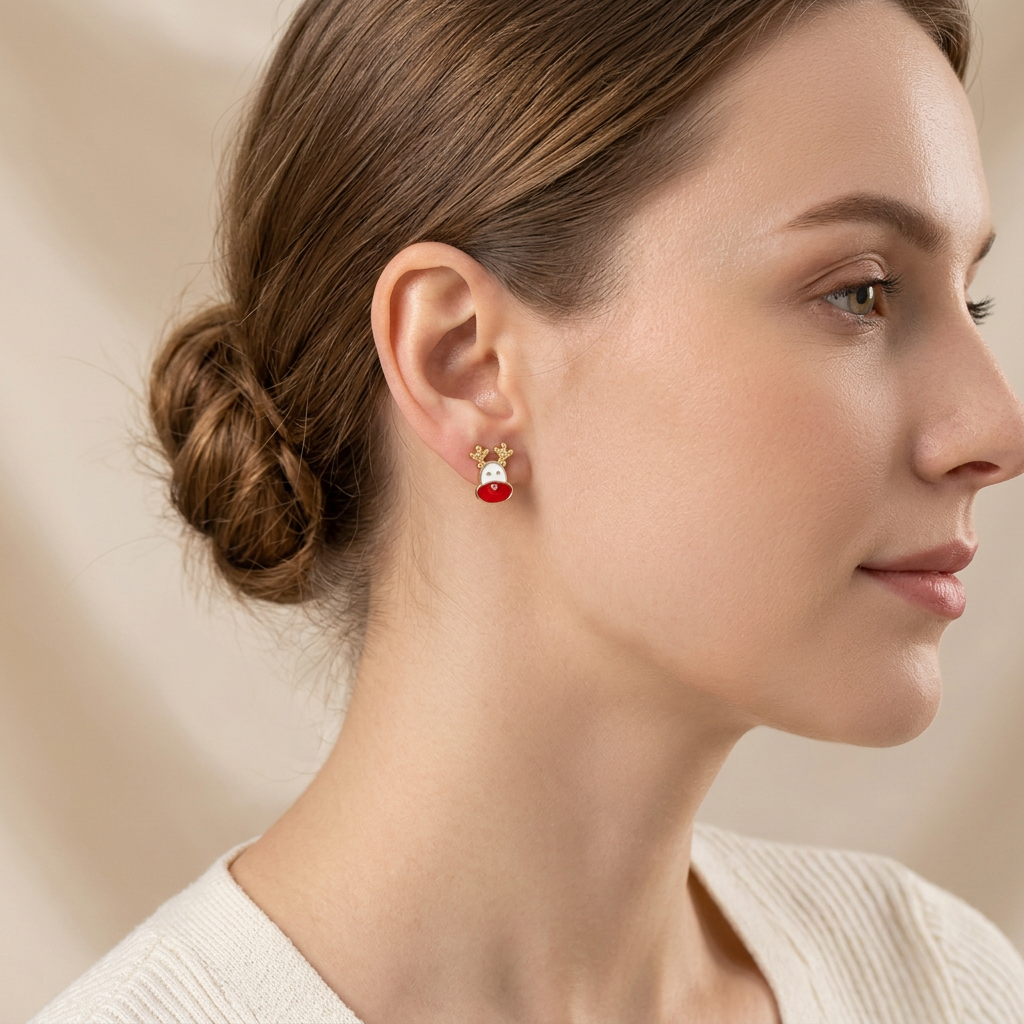 Model wearing Snowy Reindeer Studs