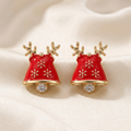 Red Christmas bell stud earrings with gold-tone antlers and clear stone accents