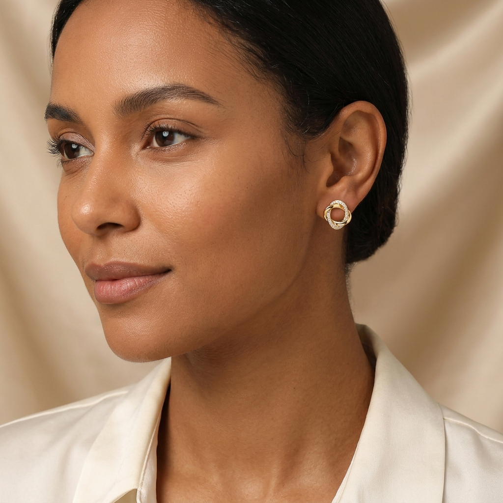 Model wearing Golden Twist Sparkle Studs