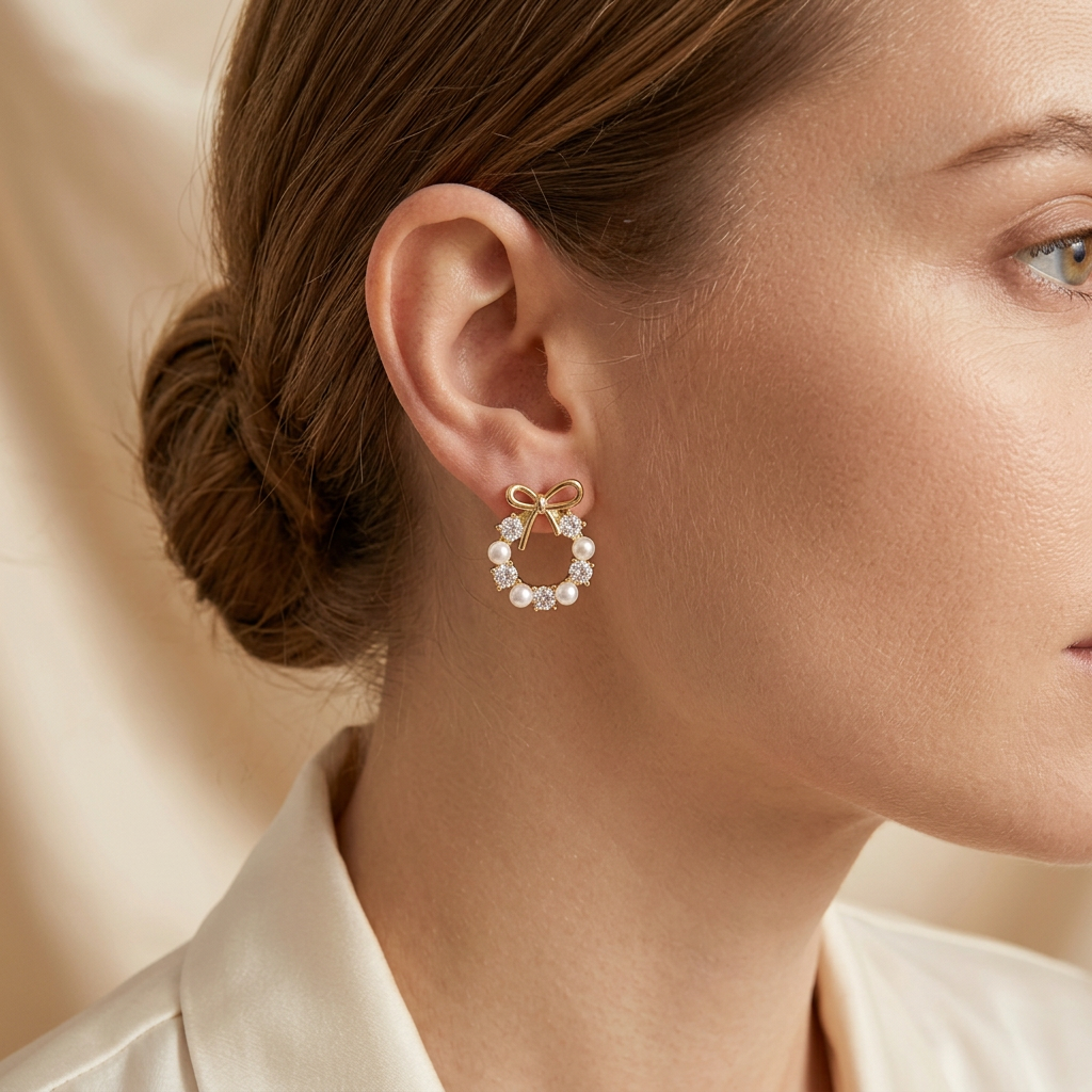 Model wearing Pearl Bow Wreath Earrings in side profile