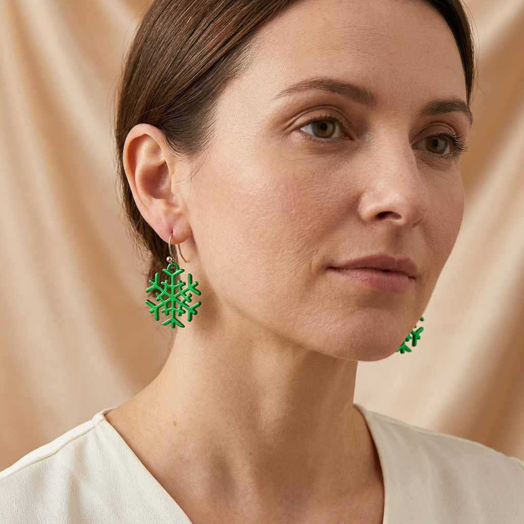 Model wearing green snowflake drop earrings