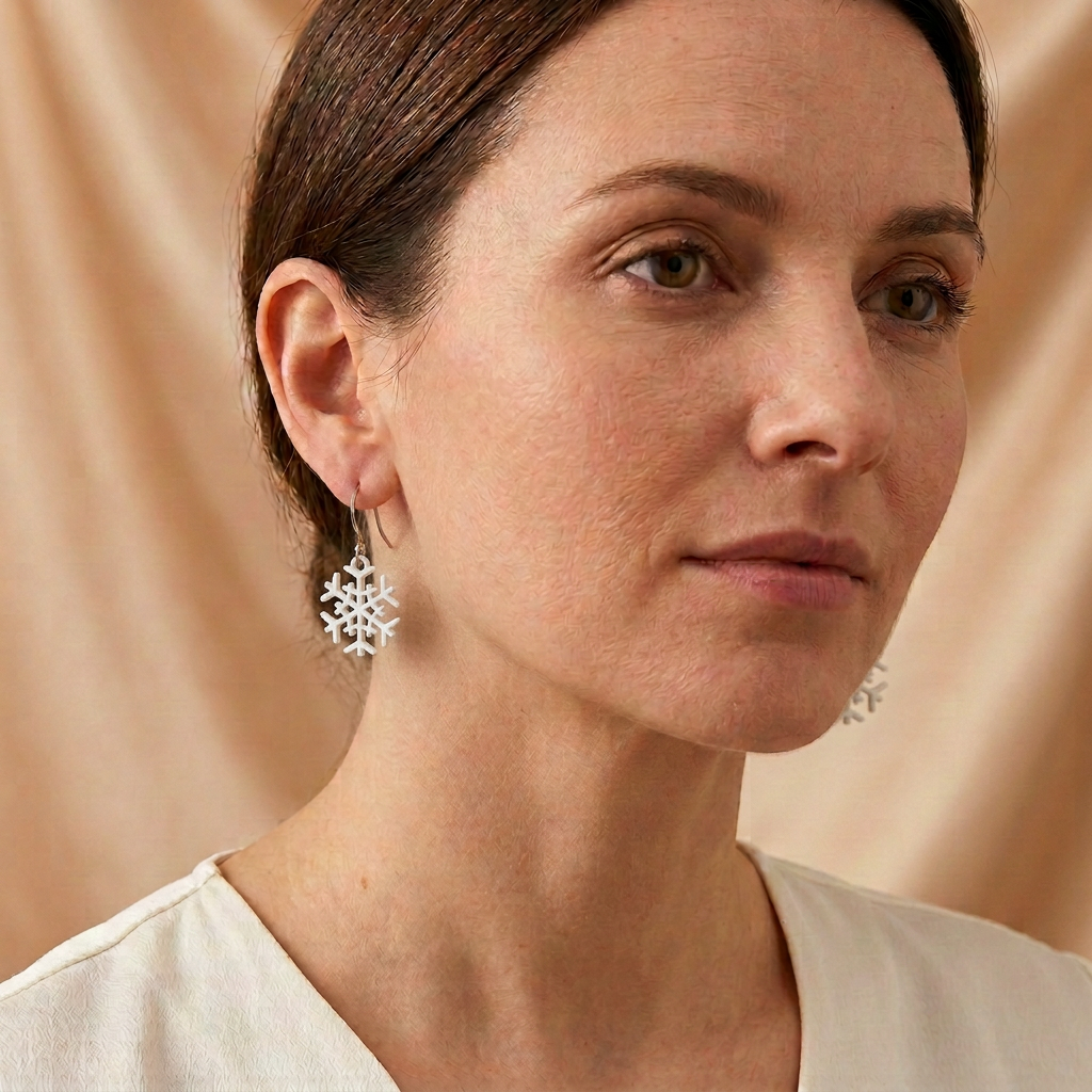 Model wearing petite white snowflake drop earrings