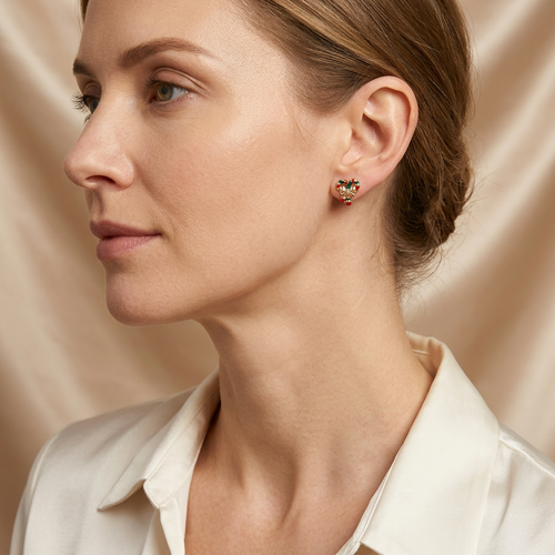 Model wearing Candy Cane Bow Studs at the reference size