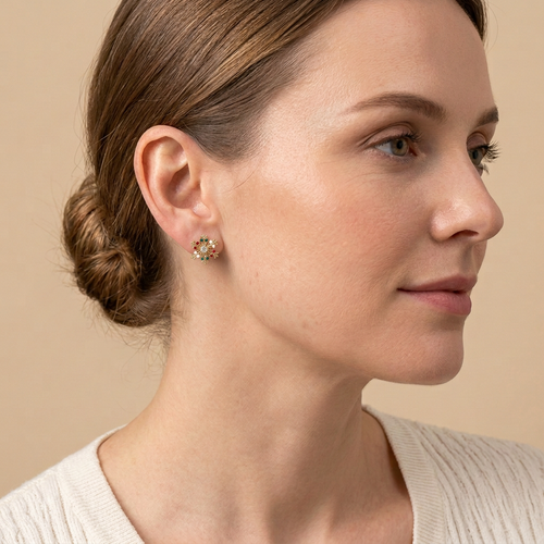 Model wearing Christmas Jewel Snowflake Studs reduced to 30 percent size