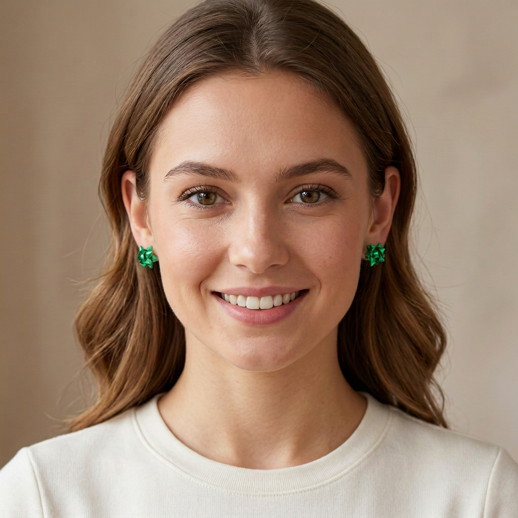 Model wearing emerald bow studs reduced to 40 percent size